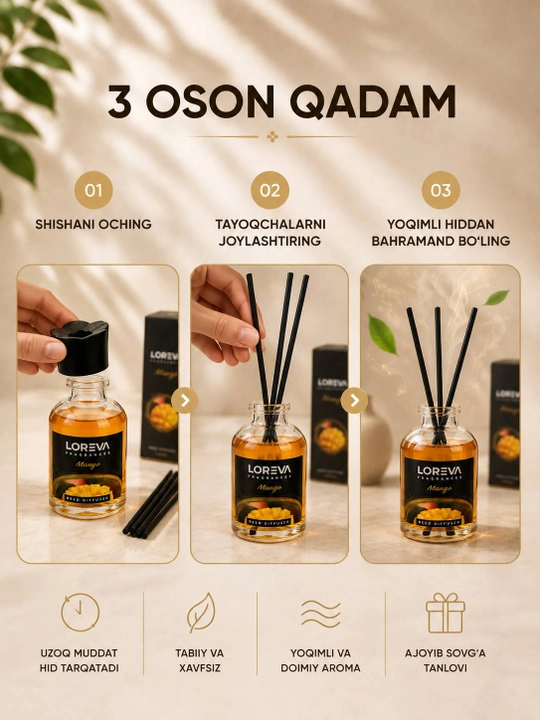 LOREVA Mango 55 ml aromadiffuzor, aslujitel, uy va ofis uchun xushbo‘y aromatizator