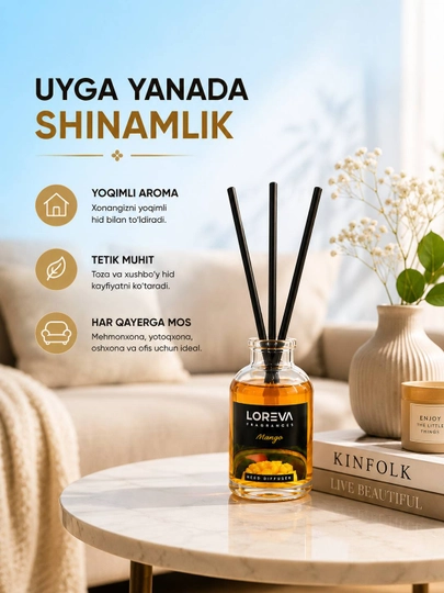 LOREVA Mango 55 ml aromadiffuzor, aslujitel, uy va ofis uchun xushbo‘y aromatizator
