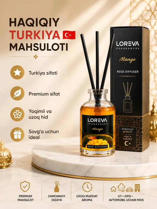 LOREVA Mango 55 ml aromadiffuzor, aslujitel, uy va ofis uchun xushbo‘y aromatizator