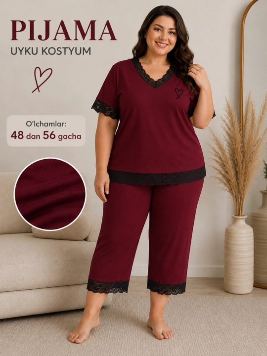 Ayollar pijamasi 48-56 o‘lcham, uyqu kostyumi, kaprili uy kiyimi komplekti
