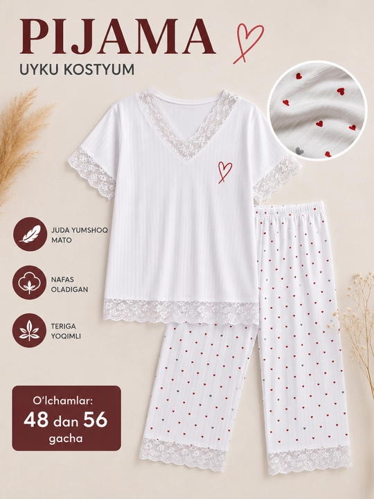 Ayollar pijamasi 48-56 o‘lcham, uyqu kostyumi, kaprili uy kiyimi komplekti - 