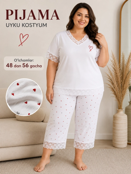 Ayollar pijamasi 48-56 o‘lcham, uyqu kostyumi, kaprili uy kiyimi komplekti