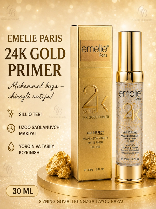 Makiyaj uchun asos EMELIE 24K GOLD bo'yanish bazasi, bo'yanish bazasi, primer, tonal krem - 