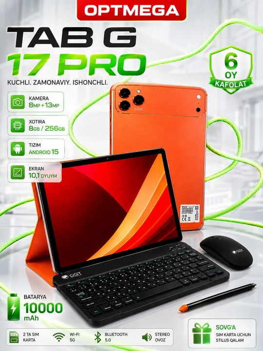 Planshet 10,1″ 4/64 GB ish va o‘qish uchun, 5G, 2 SIM, klaviatura va sichqoncha bilan