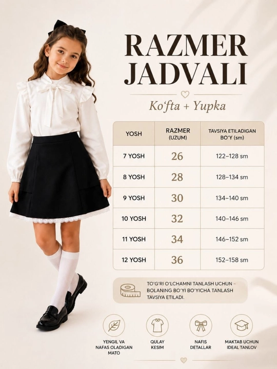 Школьная форма для девочек Блузка + Юбка, Белая блузка, черная юбка, 7–12 лет