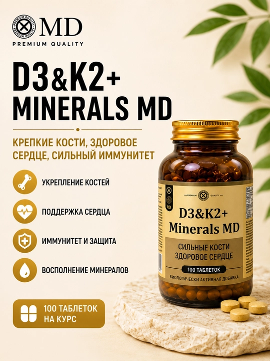 D3 & K2 + Minerals MD Biologik faol qo‘shimcha BFQ, D3 vitamini, K2 vitamini, 100 kapsula - 