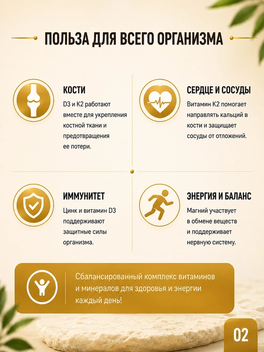 D3 & K2 + Minerals MD Biologik faol qo‘shimcha BFQ, D3 vitamini, K2 vitamini, 100 kapsula