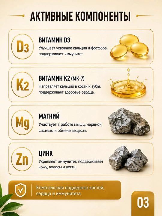 D3 & K2 + Minerals MD Biologik faol qo‘shimcha BFQ, D3 vitamini, K2 vitamini, 100 kapsula