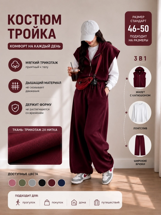 Ayollar uchun sport troyka kostyumi kapyushonli jilet va keng shimli razmer standart44-50 - 