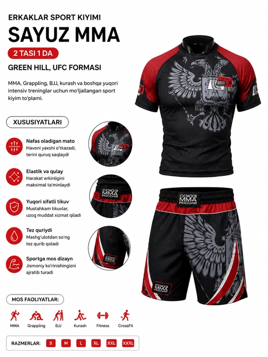 Erkaklar uchun Green Hill Sayuz MMA Rossiya sport formasi, 2 tasi 1 da, UFC kiyimi - 