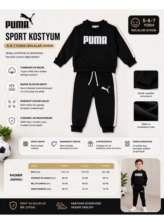 5-6-7 yosh bolalar uchun sport kostyum Puma uslub paxtali yumshoq komplekt