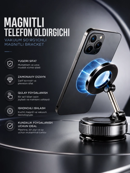 Kuchli magnit bilan 360° ga aylanadigan magnitli avtomobil telefon ushlagichi - 