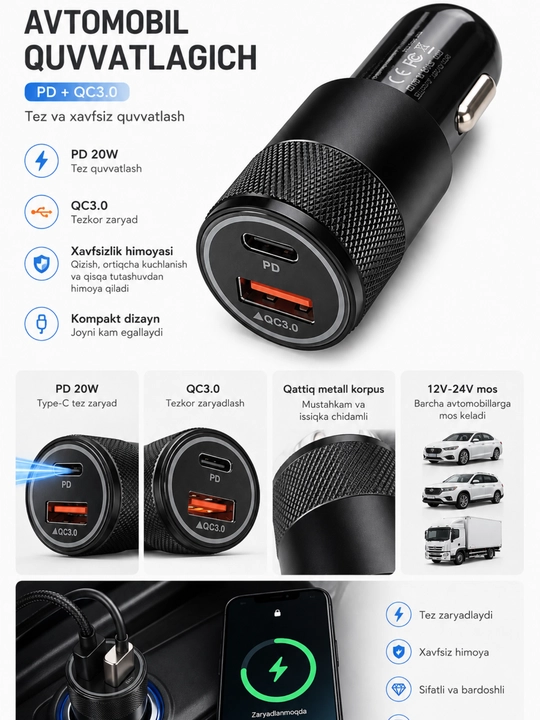 Avtomobil zaryadlovchi, tez UZB ulagichi, Type-C 24W