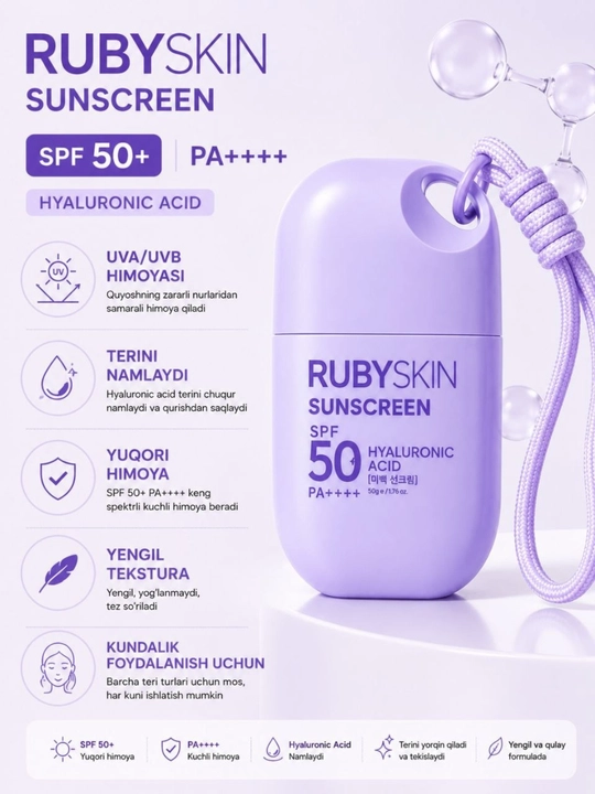 Quyoshdan himoya qiluvchi krem RUBYSKIN, SPF 50+, PA++++, kareya mahsuloti