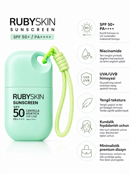 Quyoshdan himoya qiluvchi krem RUBYSKIN, SPF 50+, PA++++, kareya mahsuloti