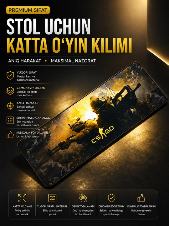 Katta Gaming Mousepad – Sirpanmaydigan, Tezkor Harakat va Yuqori Aniqlik uchun Gilamcha - 