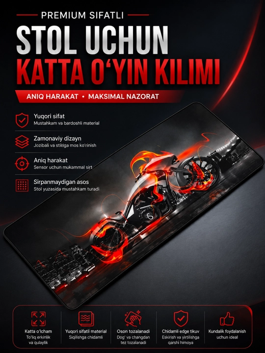 Katta Gaming Mousepad – Sirpanmaydigan, Tezkor Harakat va Yuqori Aniqlik uchun Gilamcha - 