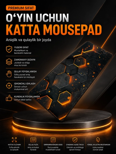 Katta Gaming Mousepad – Sirpanmaydigan, Tezkor Harakat va Yuqori Aniqlik uchun Gilamcha - 