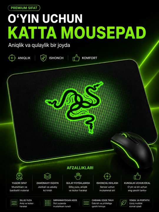 Gaming Mouse Pad – Katta O'lchamli, Sirpanmaydigan, Aniq Sensor va Premium Gilamcha - 