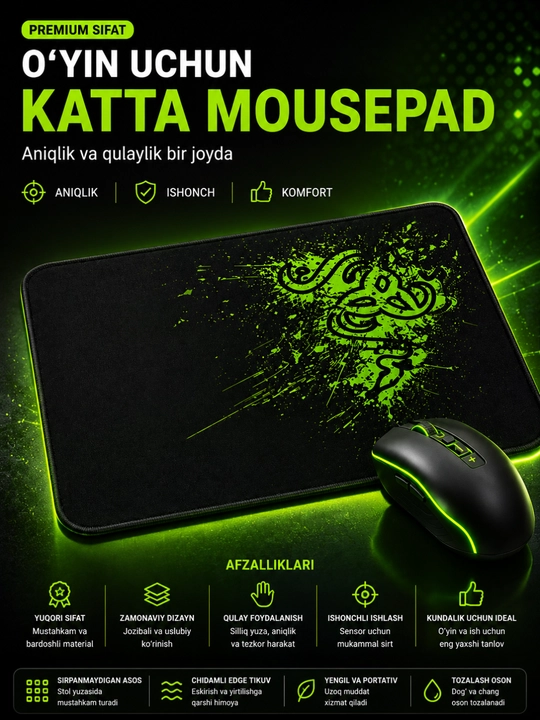 Gaming Mouse Pad – Katta O'lchamli, Sirpanmaydigan, Aniq Sensor va Premium Gilamcha - 