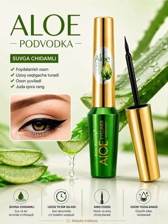 Ko’z uchun suyuq podvodkalar, eyeliner, suvga chidamli, qora, nozik cho’tkali, Kiss Beauty - 