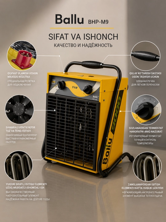 Ballu BHP-M9 elektr isitish pechkasi 3 ish rejimi, termostatli