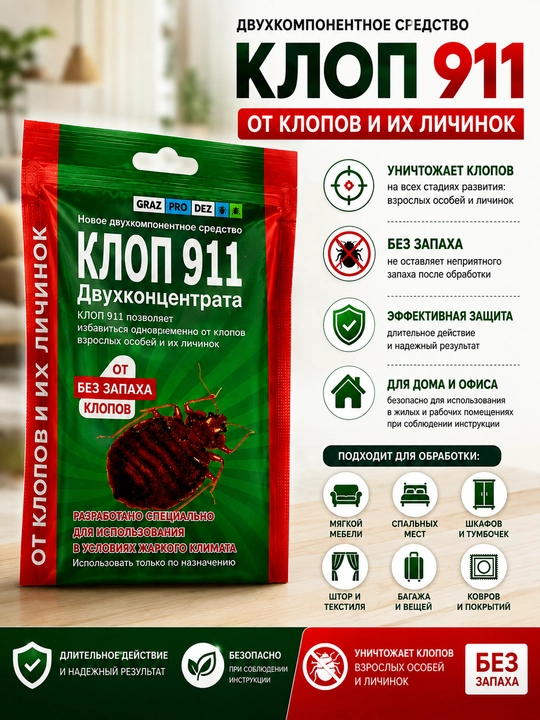Клоп 911, от клопов и их личинок, тараканов, 50 м² - 