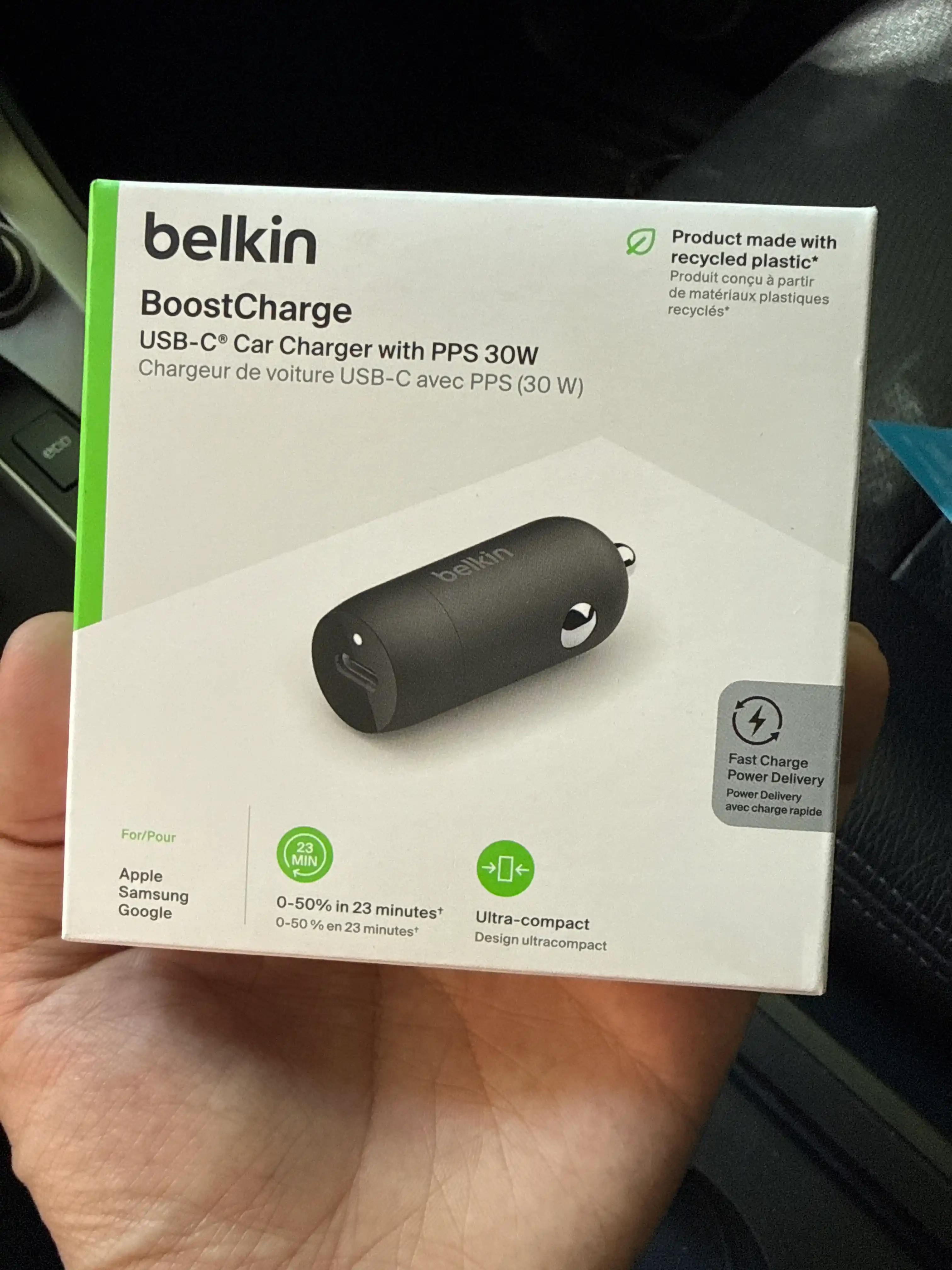 Avtomobil zaryadkasi Belkin Type C 30W, PPS, kabel bilan