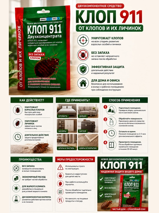 Klop 911, klapa va ularning qurtlariga, tarakanlarga qarshi, 50 m² uchun