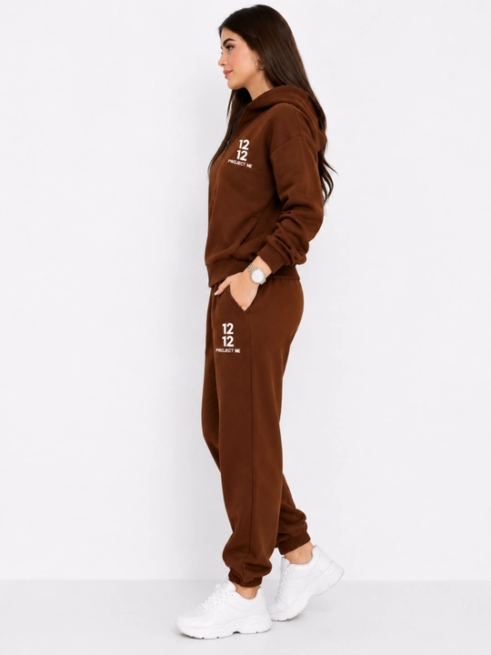 Ayollar sport kostyumi hudi-shim, kostyum oversize jigarrang, kuz-qish, kundalik