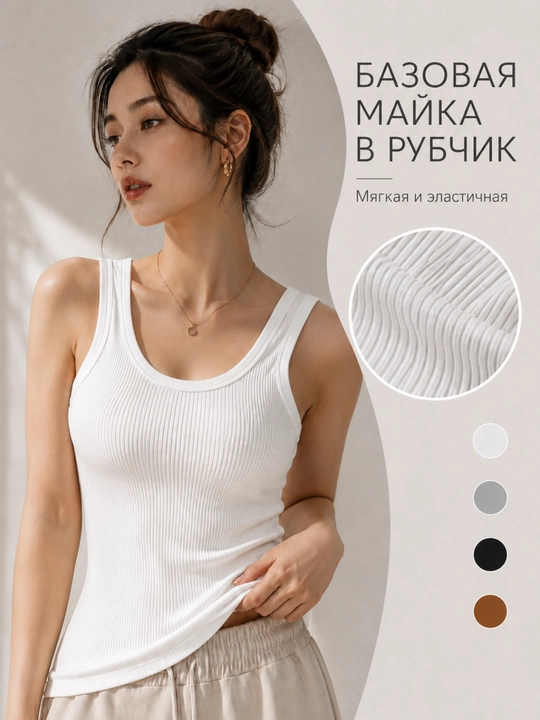Ayollar uchun bazaviy qovurg‘ali elastik mayka-top, M–XXXL - 