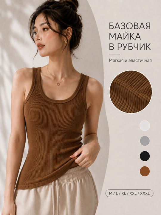 Ayollar uchun bazaviy qovurg‘ali elastik mayka-top, M–XXXL - 