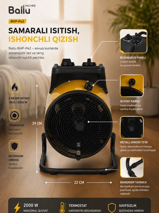 Ballu BHP-Pe2-2 elektr isitish pechkasi, 2 kW, termostatli, 2 ish rejimi