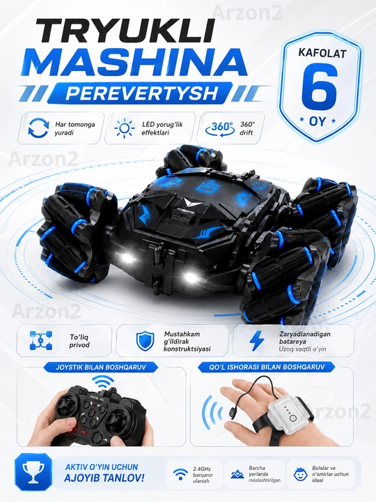 Tryukli mashina-pervertish 360° RC, pultli, jest bilaguzuk, drift, joystik, chiroqli toy - 