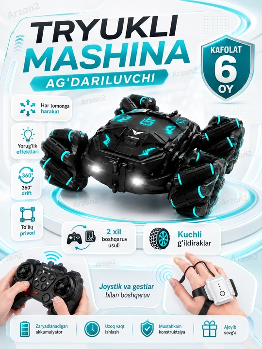 Tryukli mashina-pervertish 360° RC, pultli, jest bilaguzuk, drift, joystik, chiroqli toy - 