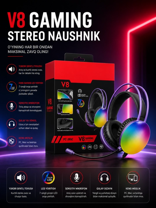 Kompyuter, noutbuk va smartfon uchun RGBLED mikrofonli V8 Gaming stereo o‘yin naushniklari - 