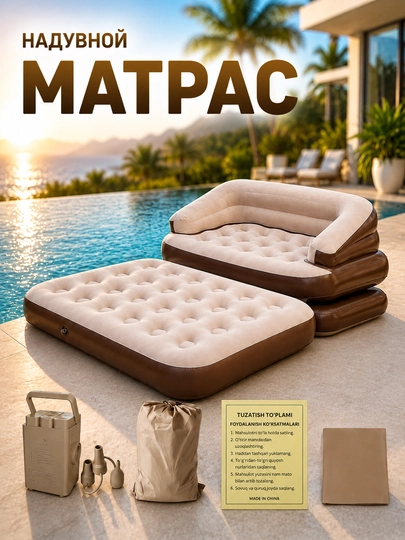 2 kishilik avtomatik havo matrasi 200×150×40 sm, elektr nasosli - 