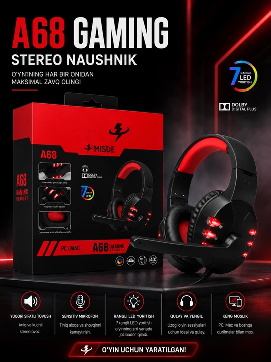 Kompyuter, noutbuk vasmartfonuchun RGB LED mikrofonli A68 Gaming stereo o‘yin naushniklari - 