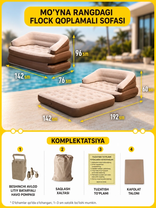 2 kishilik avtomatik havo matrasi 200×150×40 sm, elektr nasosli