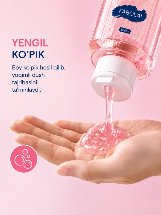 FABOLAI Parfyumli dush geli, 800 ml, yumshoq tozalash namlantiruvchi nafis hid