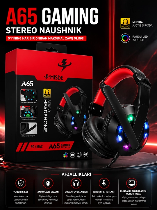 A65 gaming stereo naushnik RGB LED Mmkrofonli simli quloqchin PC, laptop va telefon uchun - 