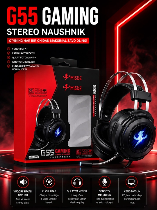 RGB LED, kompyuter va Mac uchun mikrofonli MISDE G55 o‘yin stereo naushniklari - 