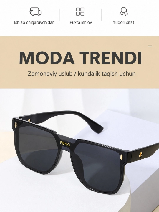 Ayollar uchun katta kvadrat ramkali qora quyosh ko‘zoynagi