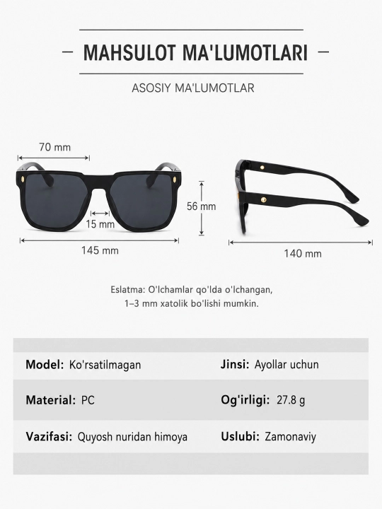 Ayollar uchun katta kvadrat ramkali qora quyosh ko‘zoynagi