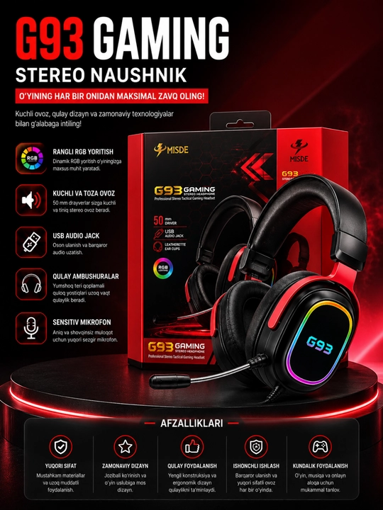 MISDE G93 Gaming Stereo Naushnik RGB Mikrofonli Simli Quloqchin PC va Mac uchun - 