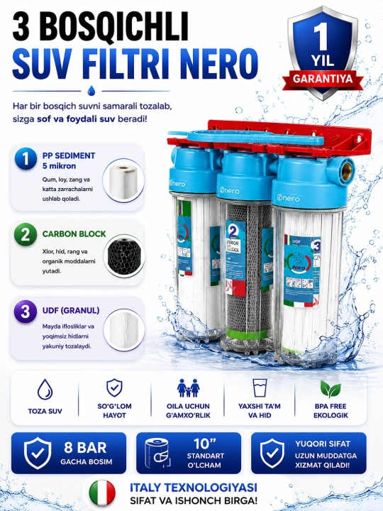 Nero 3 bosqichli suv filtri, 10 dyuym, 8 bar, 1 yillik kafolat