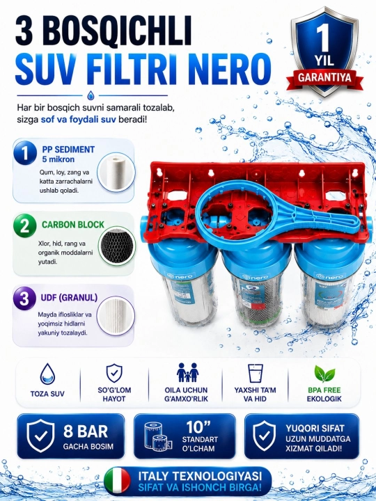 Nero 3 bosqichli suv filtri, 10 dyuym, 8 bar, 1 yillik kafolat