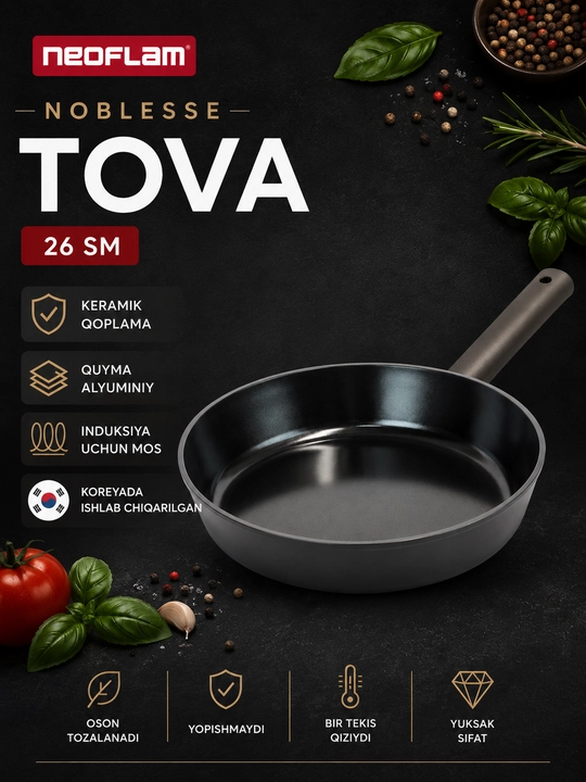 Neoflam tovalar, keramik qoplamali, quyma alyuminiy, induksion, skavarodka, skavaroda - 