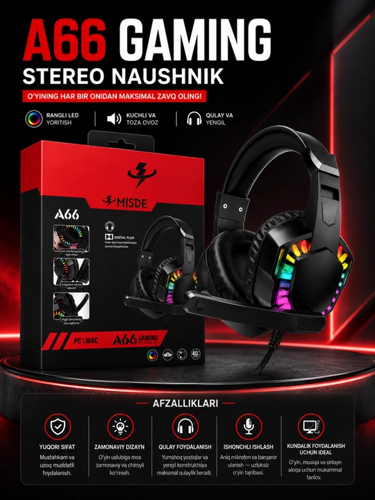 MISDE A66 Gaming Stereo Naushnik RGB Mikrofonli Simli Quloqchin PC va Mac uchun - 