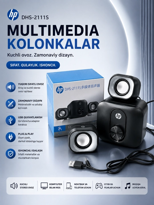 USB va 3,5 mm li HP DHS-2111S 2.1 multimedia akustik tizimi - 
